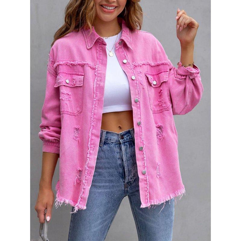 SEARIPE Women's Casual Denim Jacket Frayed Hem Ripped Long Sleeve Jean Jacket With Pockets Pink M