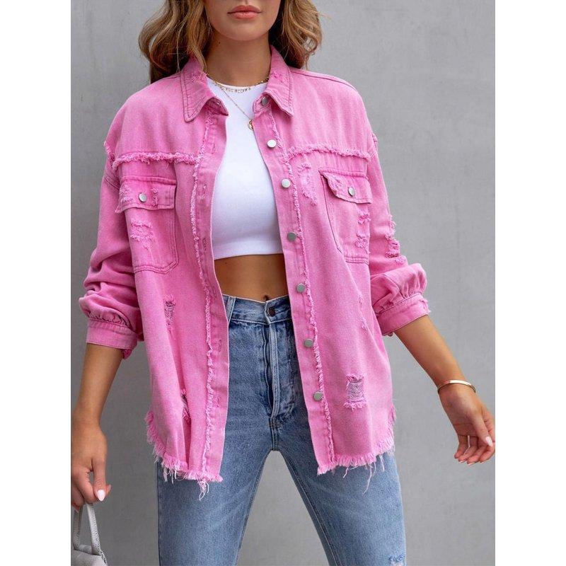 SEARIPE Women's Casual Denim Jacket Frayed Hem Ripped Long Sleeve Jean Jacket With Pockets Pink M