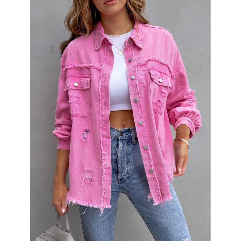 SEARIPE Women's Casual Denim Jacket Frayed Hem Ripped Long Sleeve Jean Jacket With Pockets Pink M