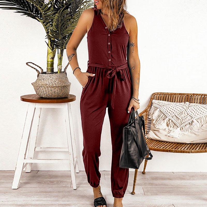 SELONE Womens Jumpsuits Dressy Casual Suspender Pants Sleeveless Ladies Travel Comfortable Vacation Flowy Rompers Womens Jumpers And Rompers Casual Solid Color V Neck Waist Lace Wine XXL