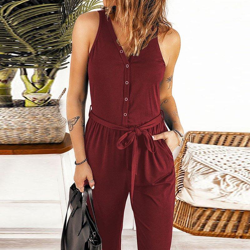 SELONE Womens Jumpsuits Dressy Casual Suspender Pants Sleeveless Ladies Travel Comfortable Vacation Flowy Rompers Womens Jumpers And Rompers Casual Solid Color V Neck Waist Lace Wine XXL