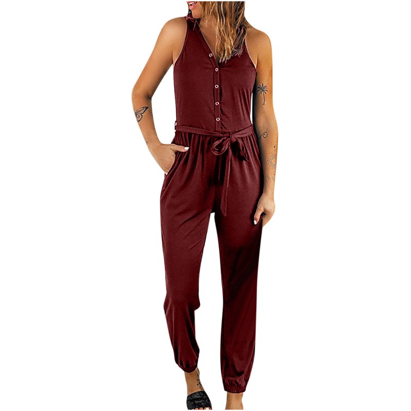 SELONE Womens Jumpsuits Dressy Casual Suspender Pants Sleeveless Ladies Travel Comfortable Vacation Flowy Rompers Womens Jumpers and Rompers Casual Solid Color V Neck Waist Lace Wine XXL