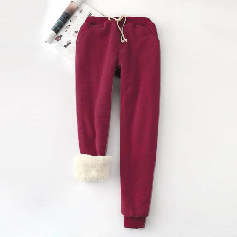 Sherpa Lined Sweatpants Women Elastic Waist Drawstring Solid Cinched Bottom Thick Plush Warm Winter Jogger Pants (Large Wine)