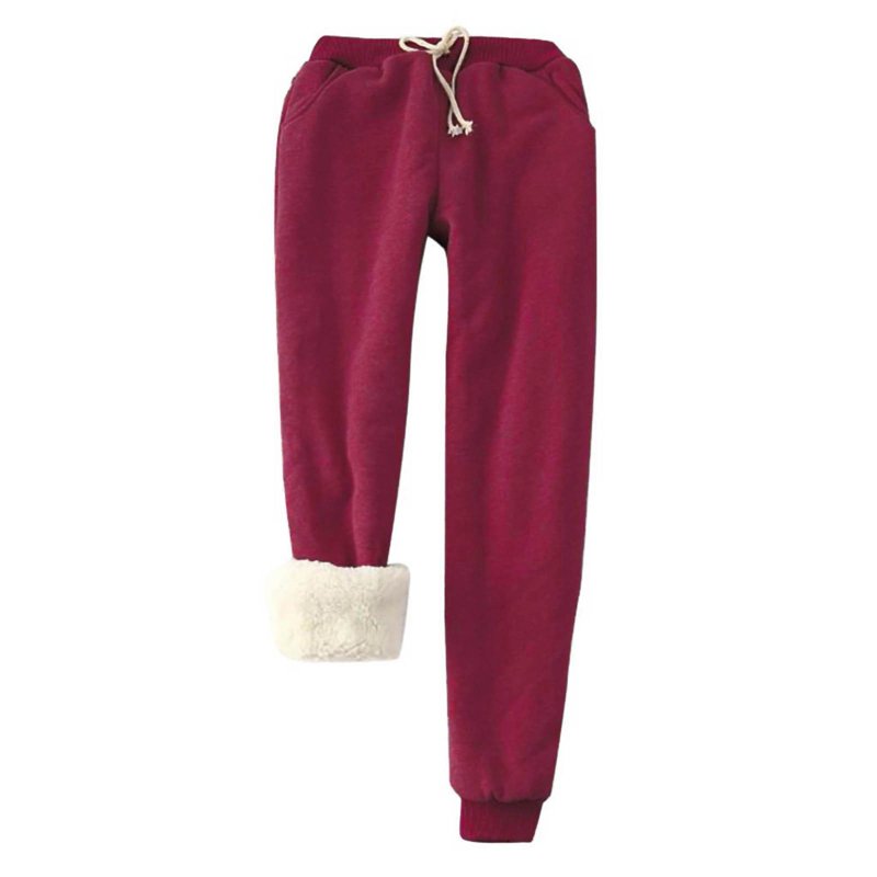 Sherpa Lined Sweatpants Women Elastic Waist Drawstring Solid Cinched Bottom Thick Plush Warm Winter Jogger Pants (Large Wine)