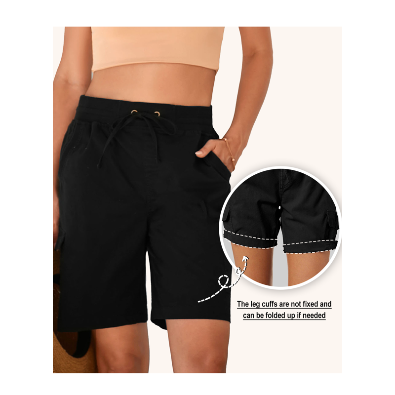 SHEWIN Shorts For Women Drawstring Cargo Elastic Waist Summer Shorts Beachwear Black Baggy Cotton Linen Short Pants S-2XL