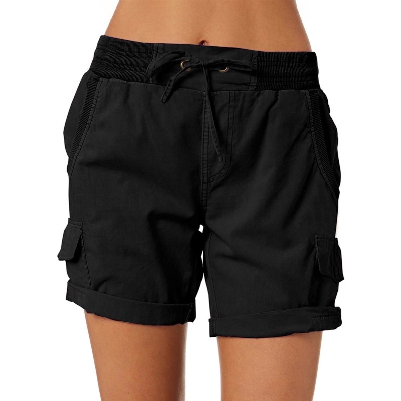SHEWIN Shorts for Women Drawstring Cargo Elastic Waist Summer Shorts Beachwear Black Baggy Cotton Linen Short Pants S-2XL