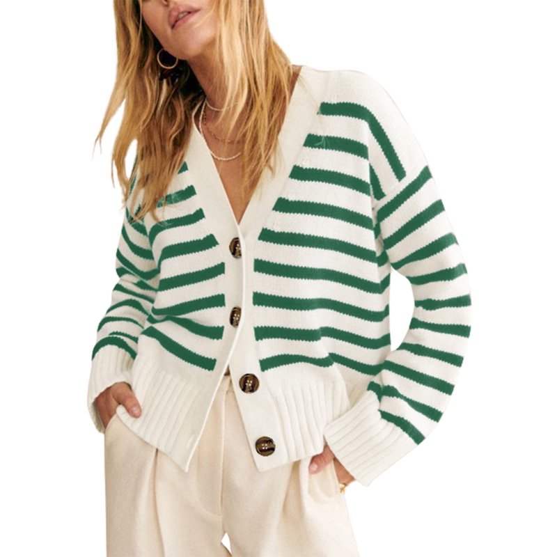 SHEWIN Womens Cardigan Casual Button Down Color Block Striped V Neck Open Front Knit Fall Sweaters Green Stripe