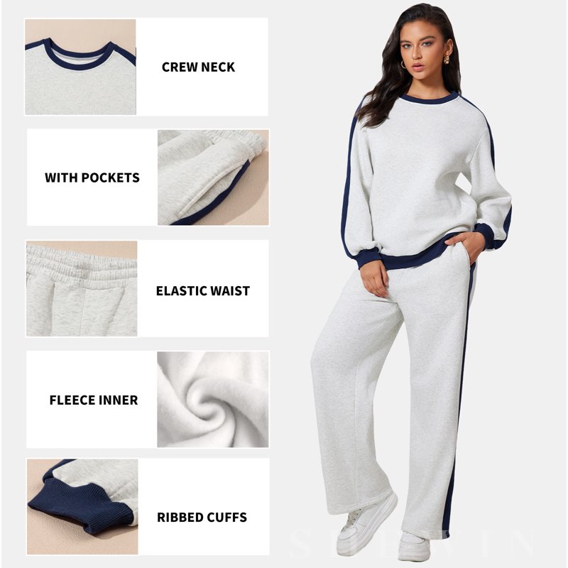 SHEWIN Womens Sweatsuits 2 Piece Set Tracksuit Oversized Outfits Crew Neck Colorblock Long Sleeve Sweatshirt Jogger Pants Set With Pockets