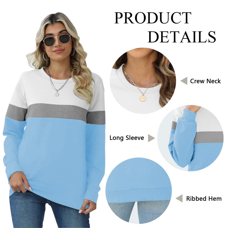 SHIBEVER Long Sleeve Shirts For Women Crew Neck Sweatshirts Womens Clothes Fall Shirts Casual Tops For Women Color Block Winter Sweat Shirts Blue XL