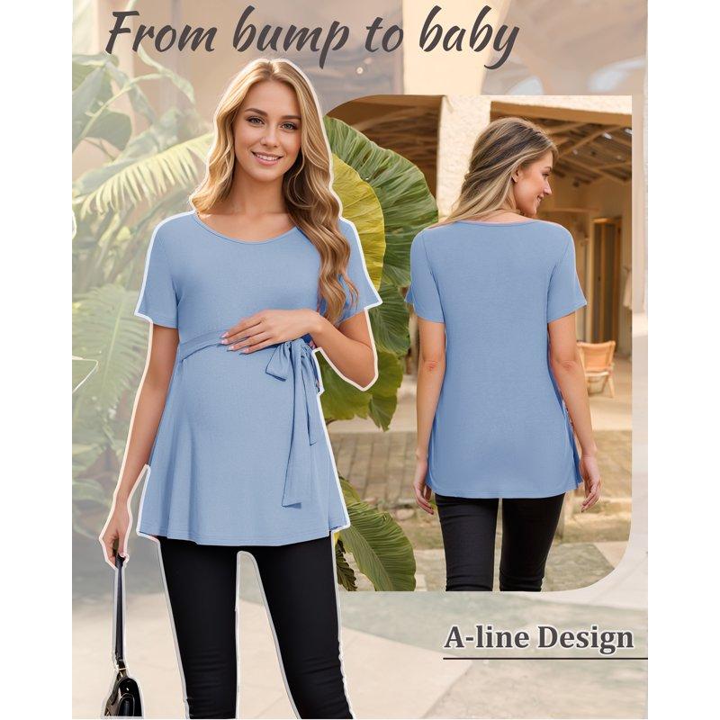 Short Sleeve Maternity Clothes For Women Tie Front Maternity Tops Pregnancy Shirts