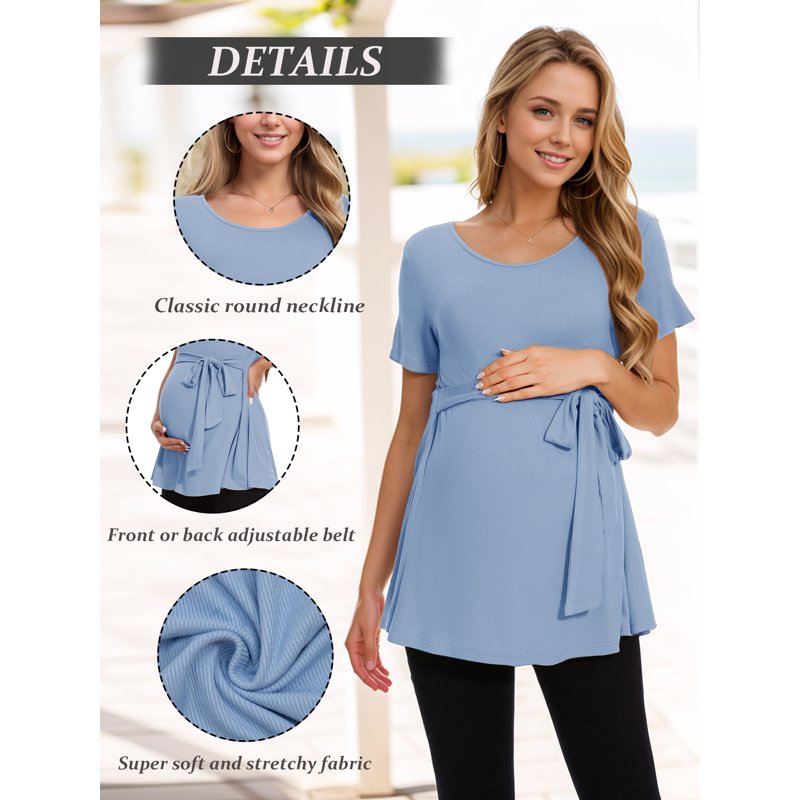 Short Sleeve Maternity Clothes For Women Tie Front Maternity Tops Pregnancy Shirts