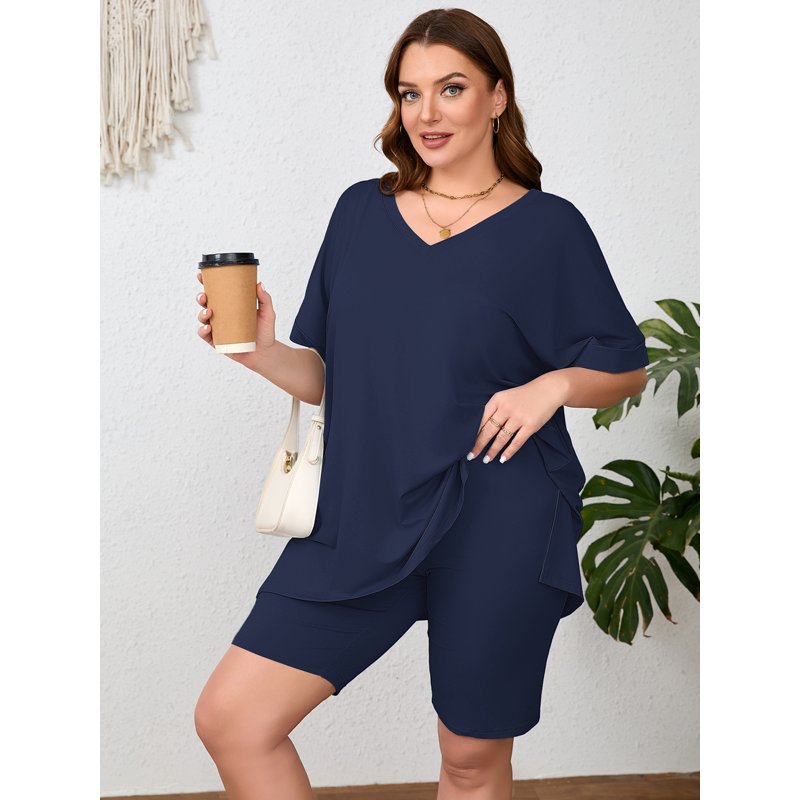 SHOWMALL Women Plus Size Outfits Set Soft Loungewear Navy Blue 3X Summer 2-Piece Pajamas Short Sleeves And Bliker Shorts Lounge Sets For Women