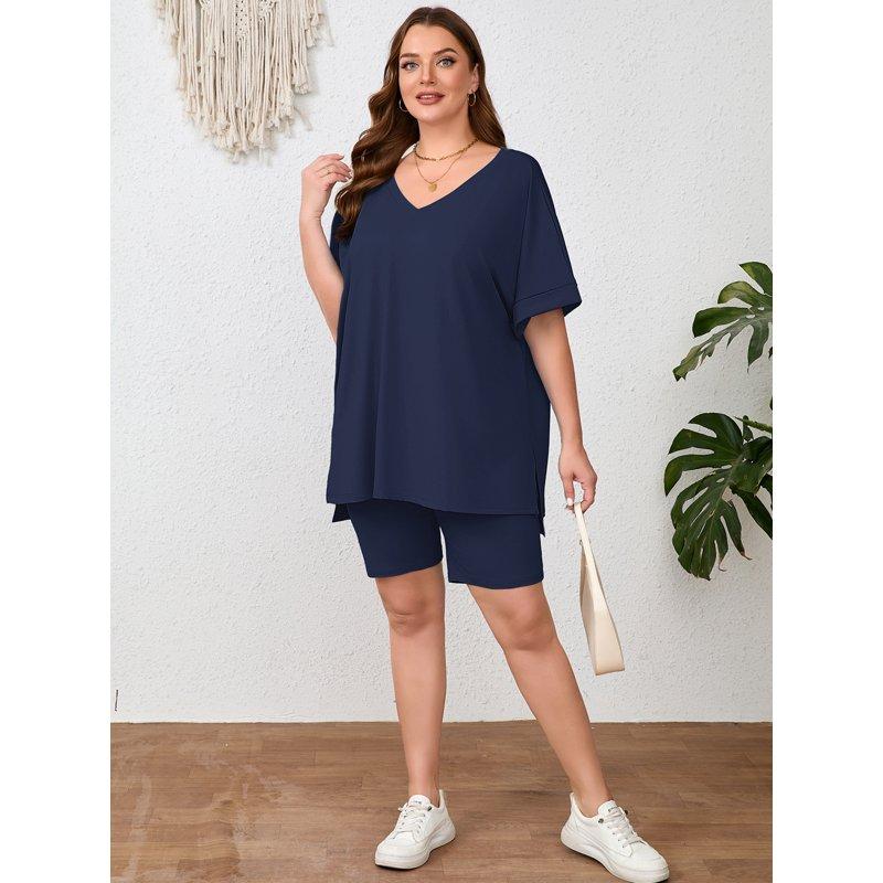 SHOWMALL Women Plus Size Outfits Set Soft Loungewear Navy Blue 3X Summer 2-Piece Pajamas Short Sleeves And Bliker Shorts Lounge Sets For Women