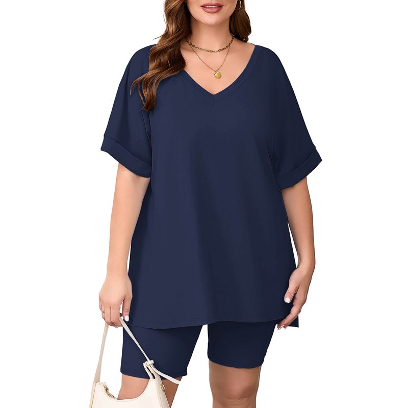 SHOWMALL Women Plus Size Outfits Set Soft Loungewear Navy Blue 3X Summer 2-Piece Pajamas Short Sleeves and Bliker Shorts Lounge Sets for Women