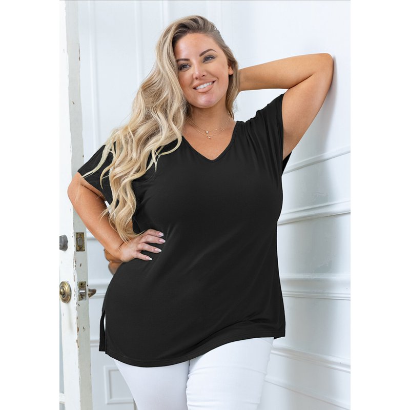 SHOWMALL Women Plus Size Tops Short Sleeve Tunic Side Slit Shirt Summer V-Neck Blouse Black 3X Tops