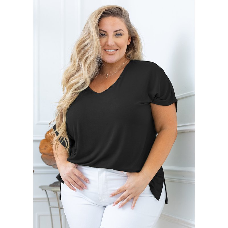 SHOWMALL Women Plus Size Tops Short Sleeve Tunic Side Slit Shirt Summer V-Neck Blouse Black 3X Tops
