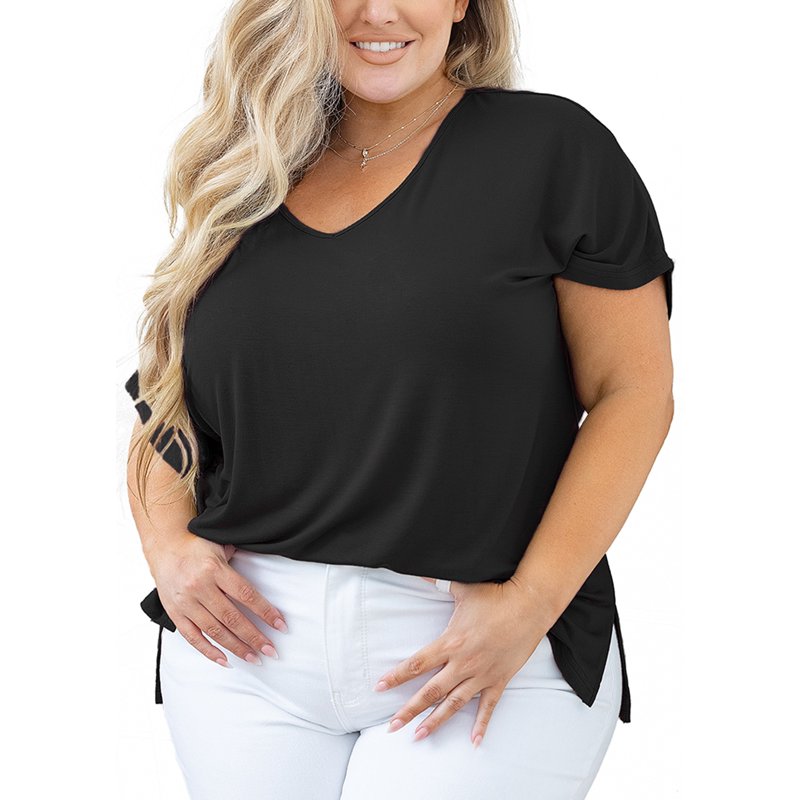 SHOWMALL Women Plus Size Tops Short Sleeve Tunic Side Slit Shirt Summer V-Neck Blouse Black 3X Tops