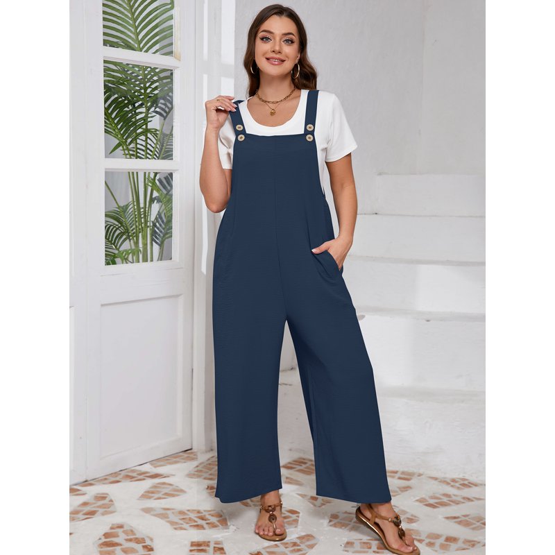 SHOWMALL Women’s Plus Jumpsuits Summer Boho Casual Wide Leg Overalls Navy Blue 3X Baggy Rompers With Pocket