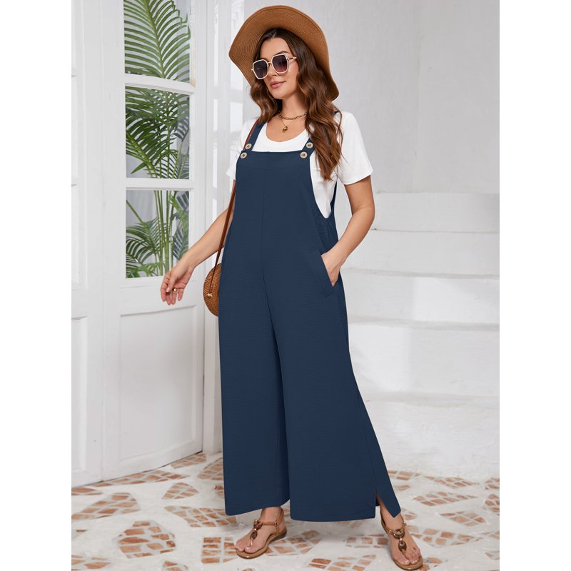 SHOWMALL Women’s Plus Jumpsuits Summer Boho Casual Wide Leg Overalls Navy Blue 3X Baggy Rompers With Pocket