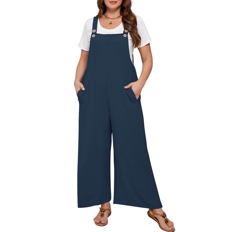 SHOWMALL Women’s Plus Jumpsuits Summer Boho Casual Wide Leg Overalls Navy Blue 3X Baggy Rompers with Pocket