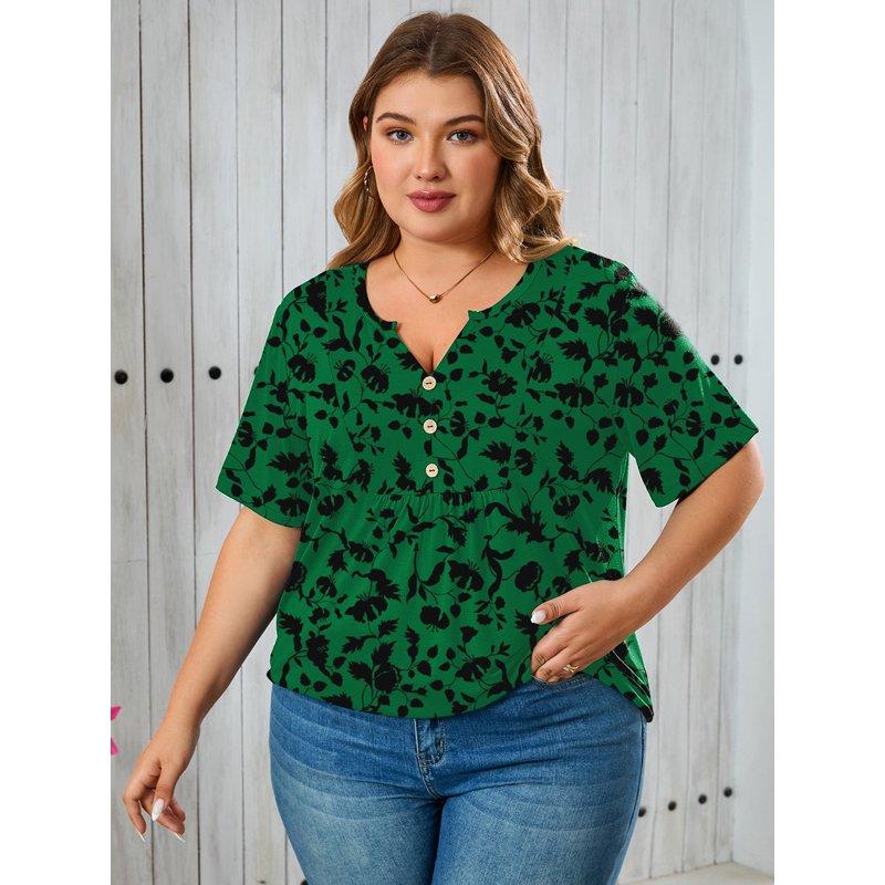 SHOWMALL Women's Plus Size Tops V-Neck Loose Fit Comfy Button Henley Shirt Green Silhouette 3X Short Sleeve Curvy Fit Blouse