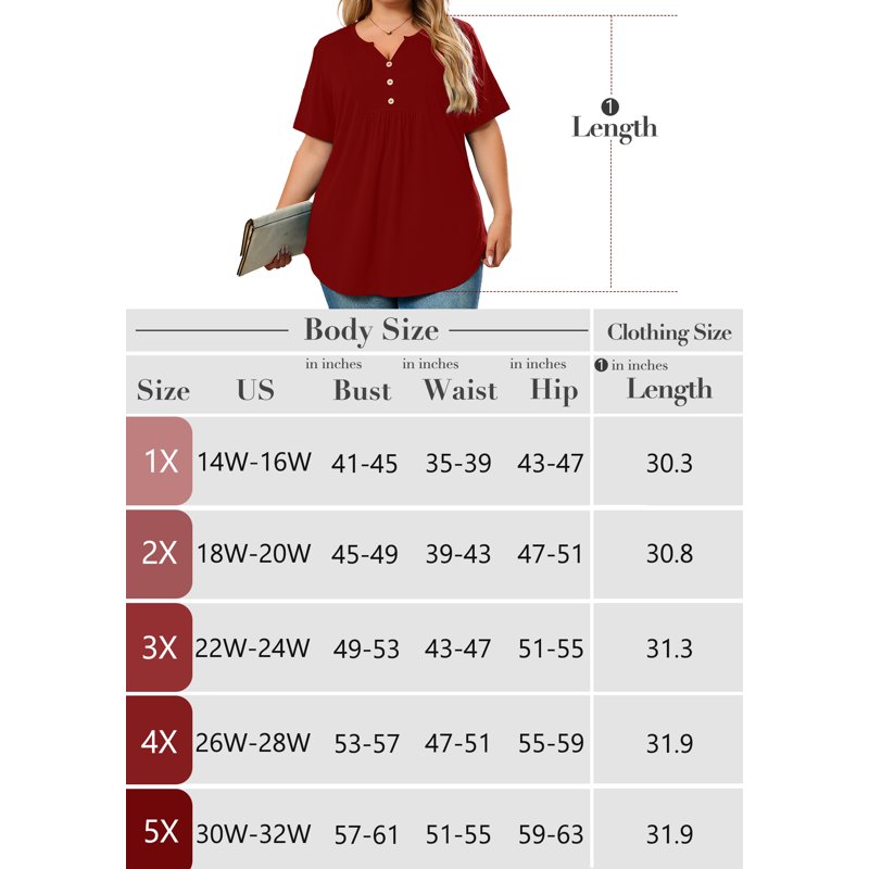 SHOWMALL Women's Plus Size Tops V-Neck Loose Fit Comfy Button Henley Shirt Green Silhouette 3X Short Sleeve Curvy Fit Blouse