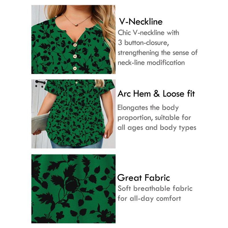 SHOWMALL Women's Plus Size Tops V-Neck Loose Fit Comfy Button Henley Shirt Green Silhouette 3X Short Sleeve Curvy Fit Blouse