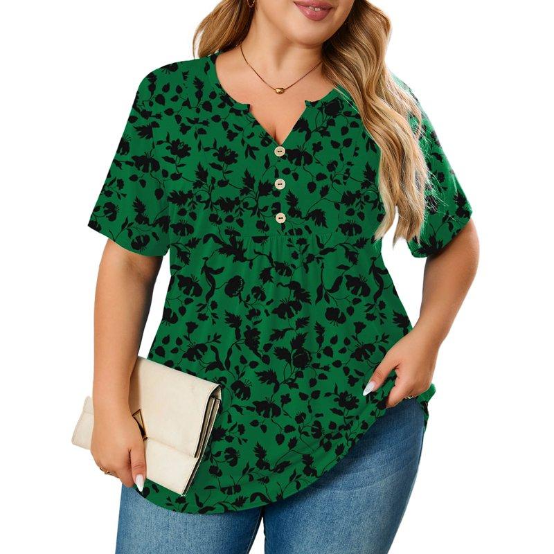 SHOWMALL Women's Plus Size Tops V-Neck Loose Fit Comfy Button Henley Shirt Green Silhouette 3X Short Sleeve Curvy Fit Blouse SHOWMALL Women's Plus Size Tops V-Neck Loose Fit Comfy Button Henley Shirt Green Silhouette 3X Short Sleeve Curvy Fit Blouse