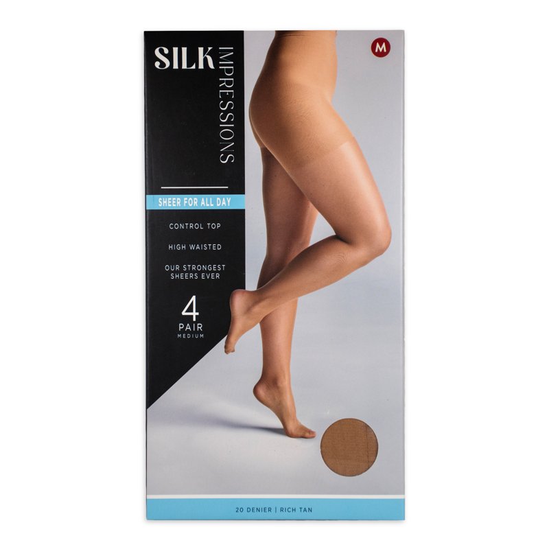 Silk Impressions 20 Denier Sheer Tights and Control Top Pantyhose for Women Sizes S-3XL 4-Pack