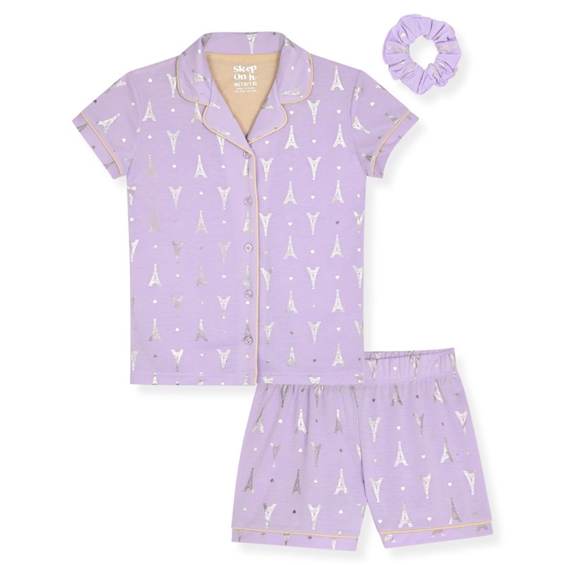 Sleep On It Girls Button Down Top and Shorts Pajama Set with Scrunchie 2-Piece Sizes 4-16