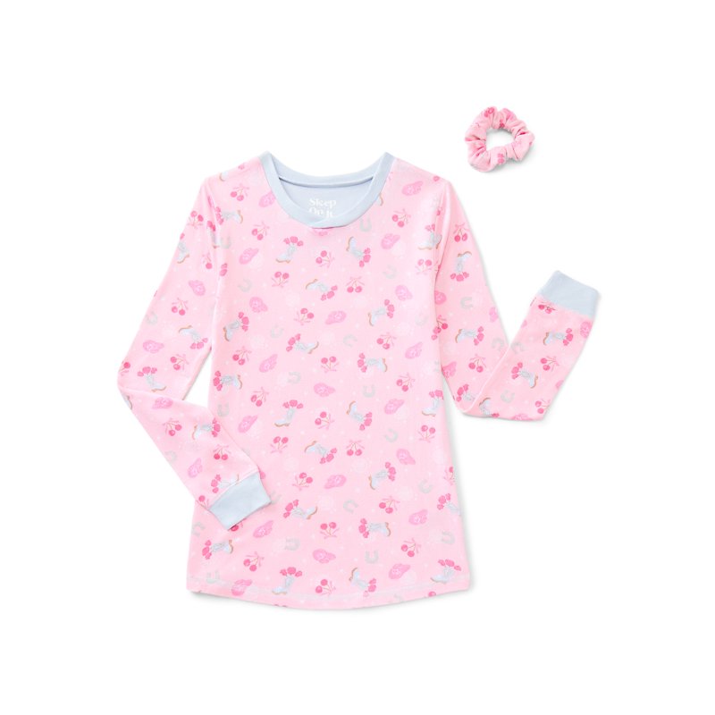Sleep On It Girls Fitted Long Sleeve Top And Pants Pajamas With Scrunchie Set 3-Piece Sizes 4-14