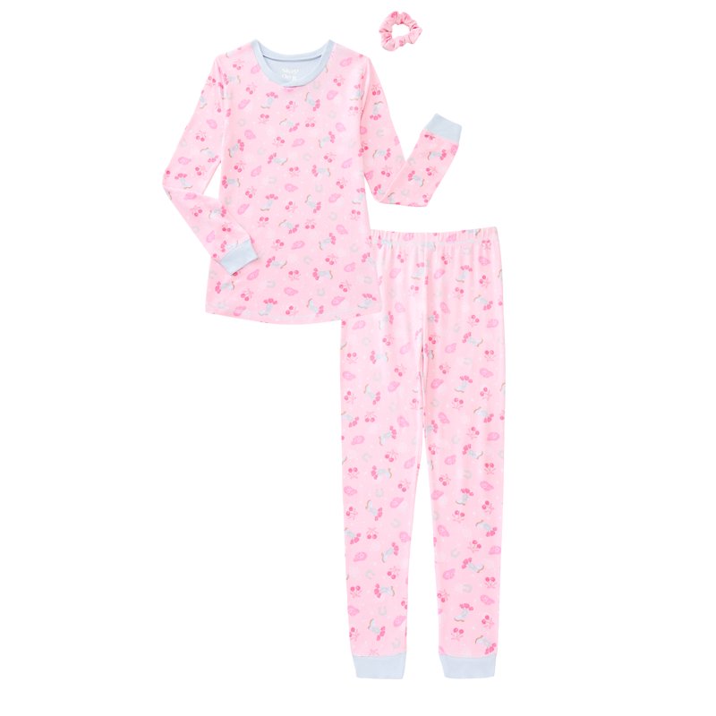 Sleep On It Girls Fitted Long Sleeve Top and Pants Pajamas with Scrunchie Set 3-Piece Sizes 4-14