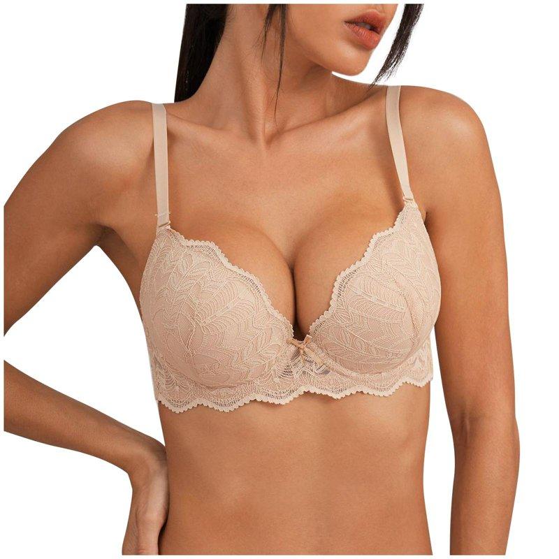 SMihono Sales Women's Push Up Lace Bra Padded Add 2 Cups Support Underwire Lift Up Deep V Bra for Women Comfortable Breathable Bra Beige S