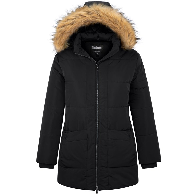 Soularge Women's Plus Size Winter Coat Warm Puffer Jacket Windproof Hooded Winter Jacket Black 3X