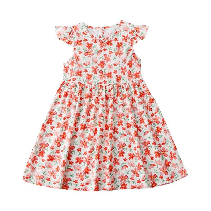 Spazoro Kids Girls Dresses Floral Print Fashion Round Neck Short Sleeve Princess Dress For Child Girls Red Size 3 T