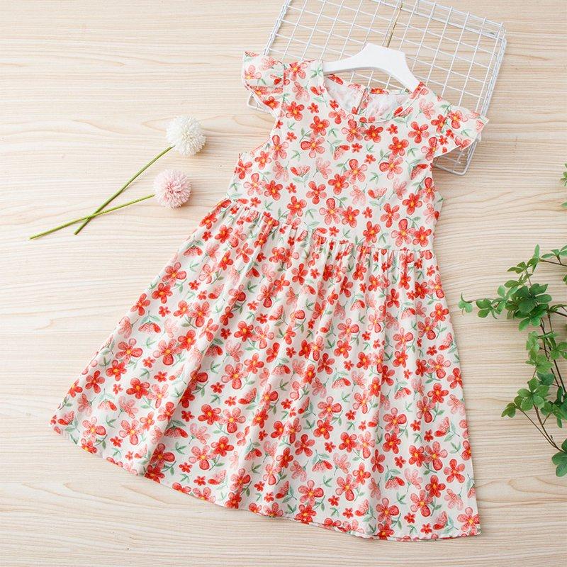 Spazoro Kids Girls Dresses Floral Print Fashion Round Neck Short Sleeve Princess Dress for Child Girls Red Size 3 T