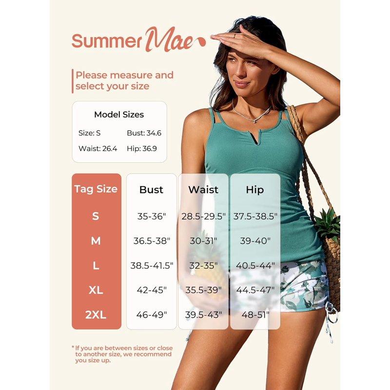 Summer Mae Tankini Swimsuits For Women Bathing Suits Top Ruched Two Piece Tummy Control Round Neck With V-Wire Swim Suits