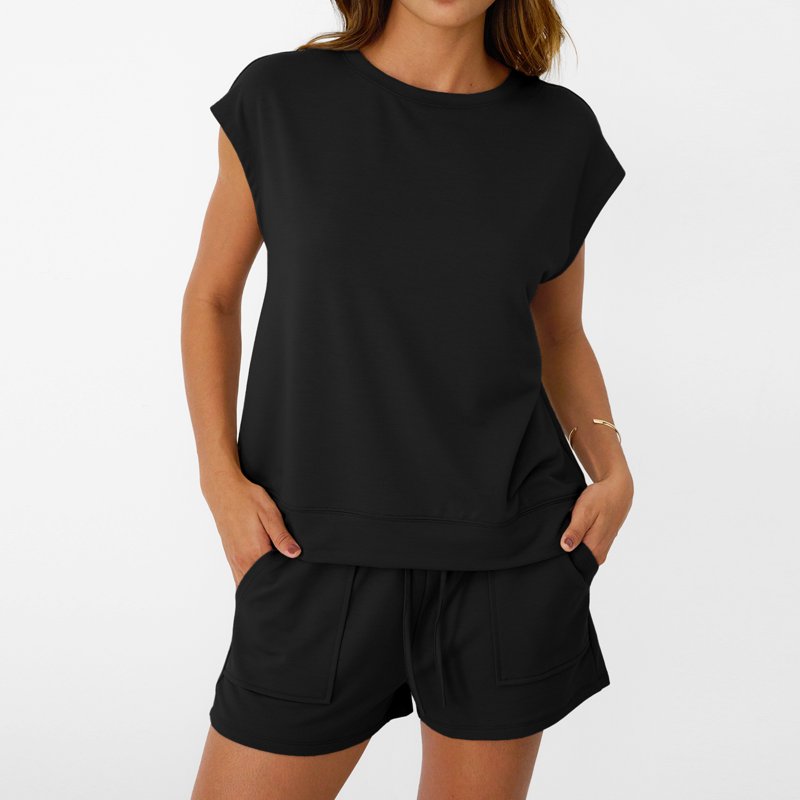 SUNBS Lounge Sets For Women Two Piece Outfits Sweatsuit Crew Neck Short Sets Cap Sleeve Drawstring With Pocket