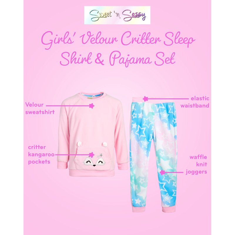Sweet & Sassy Girls' Pajama Set - 2 Piece Velour Critter Sleep Shirt And Pajama Bottoms