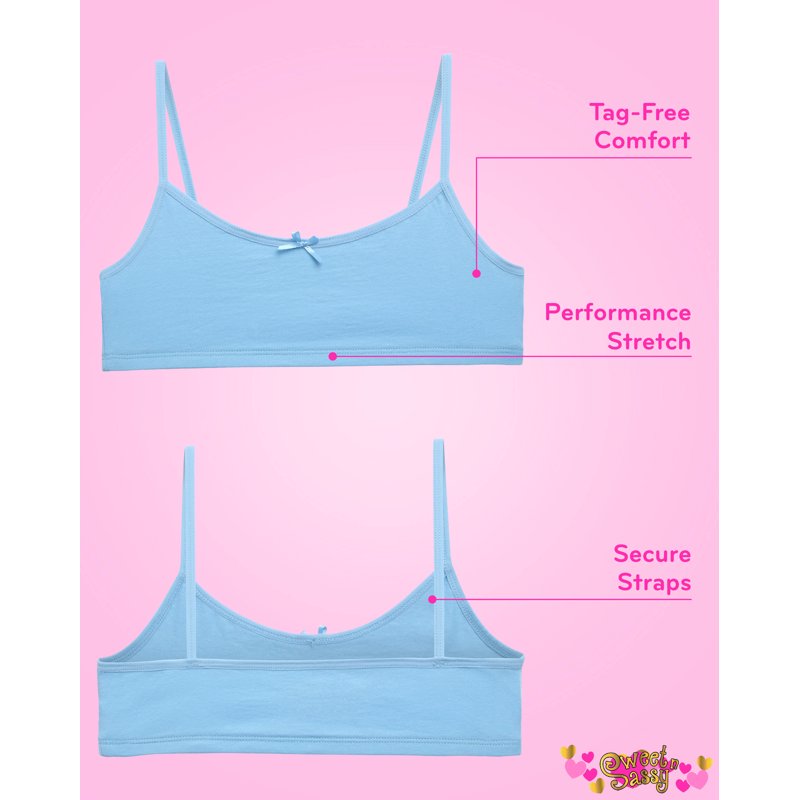 Sweet & Sassy Girls’ Training Bra – 5 Pack Cotton Stretch Crop Cami Bralette (S-L)