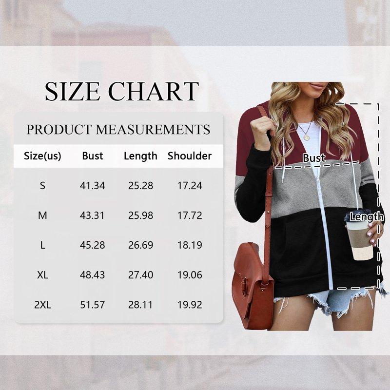 SWQZVT Womens Full Zip Up Hoodie Long Sleeve Hooded Sweatshirts Color Block Casual Fashion Pockets Fall Winter Jacket Winered Tops Size L