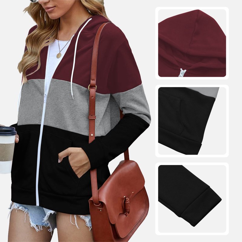 SWQZVT Womens Full Zip Up Hoodie Long Sleeve Hooded Sweatshirts Color Block Casual Fashion Pockets Fall Winter Jacket Winered Tops Size L