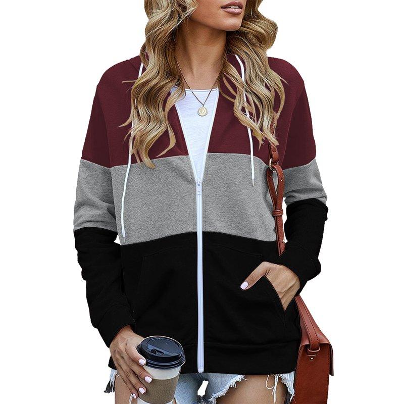 SWQZVT Womens Full Zip Up Hoodie Long Sleeve Hooded Sweatshirts Color Block Casual Fashion Pockets Fall Winter Jacket Winered Tops Size L