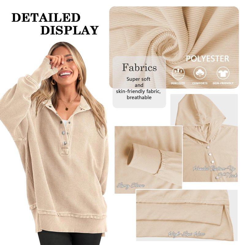 SWQZVT Womens Hoodies Button Up V Neck Long Sleeve Pullover For Women Side Slit Sweatshirts Casual Fall Hooded Tops L