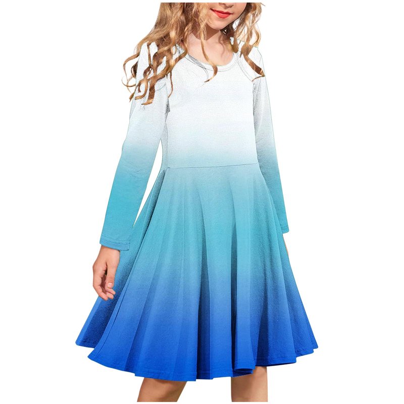 Tdoqot Girls Fashion Party Dresses- Crewneck Long Sleeve Flowy Casual School Skater Dress Blue Size 14