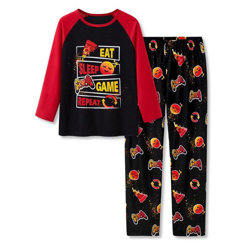 Tebbis 2-Piece Cozy Pajamas For Big Boys Sleep Face & Game Graphic Red Long Sleeves Soft PJs Set Kid Size 10
