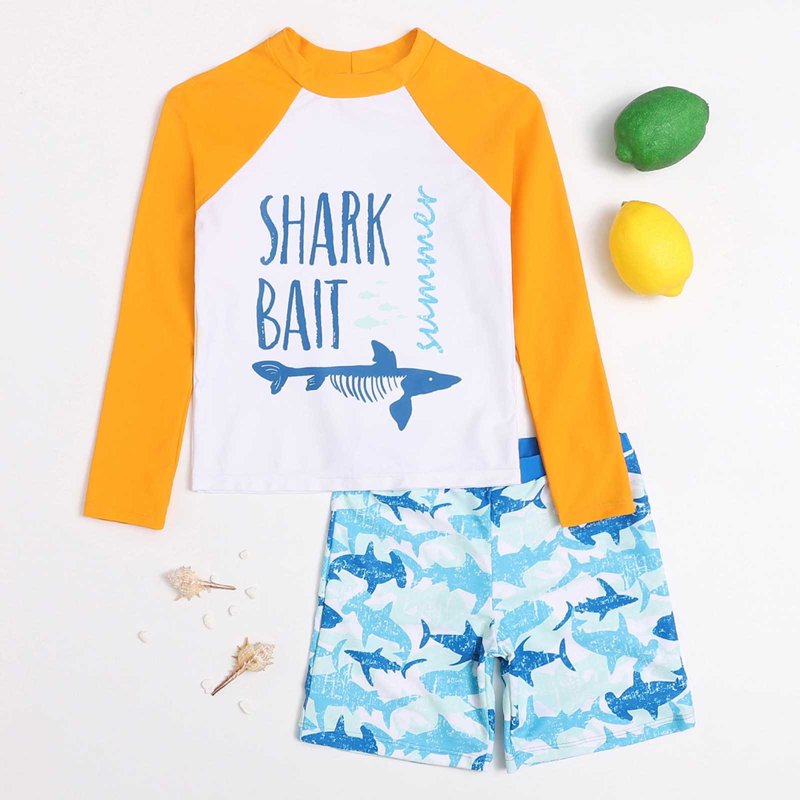 TEDOYE Toddler Boys Shrk Print 2PCS Swim Sets Long Sleeve Rash Guard & Board Shorts UPF50+ Quick Dry Beachwear For Summer Cute Wear 4-5 Years