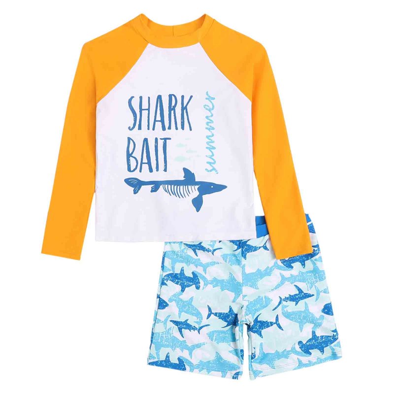 TEDOYE Toddler Boys Shrk Print 2PCS Swim Sets Long Sleeve Rash Guard & Board Shorts UPF50+ Quick Dry Beachwear For Summer Cute Wear 4-5 Years