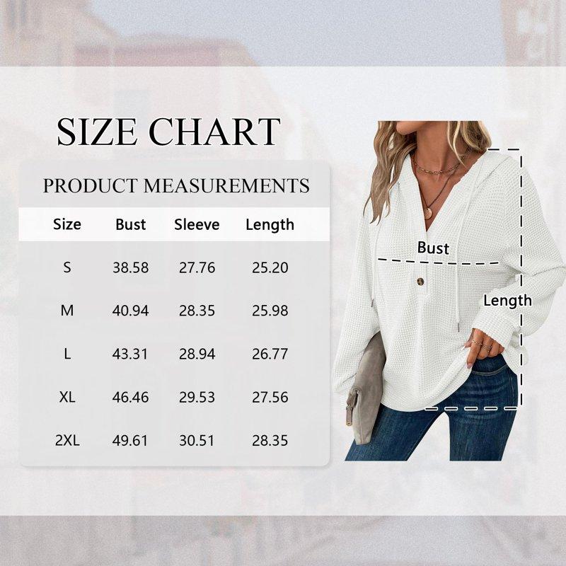 TEMOFON Hoodies For Women Long Sleeve Waffle Pullover Sweatshirts Casual V Neck Comfy Hoody Fall Ladies Trendy White Button Tops L