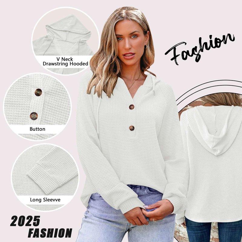 TEMOFON Hoodies For Women Long Sleeve Waffle Pullover Sweatshirts Casual V Neck Comfy Hoody Fall Ladies Trendy White Button Tops L